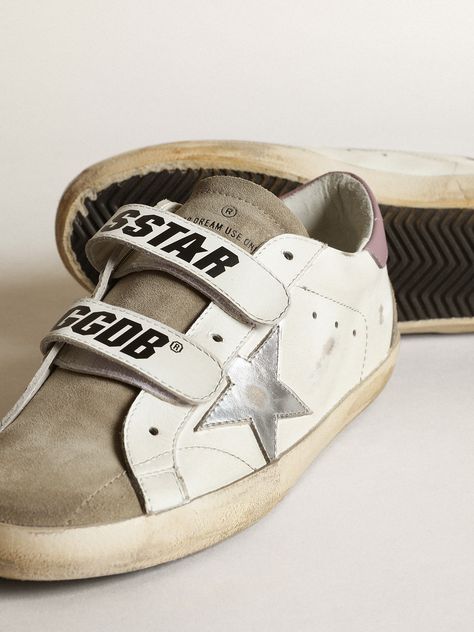 Old School sneakers with silver laminated leather star and dove-gray suede inserts | Golden Goose Old School Sneakers, School Sneakers, Golden Family, The Golden Goose, Exclusive Sneakers, Dove Grey, Gray Suede, Golden Goose, Velcro Straps