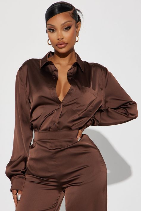 Available In Marsala, Chocolate, And Blue. Satin Pant Set Over Size Shirt Collar Long Sleeve Button Up Chest Pocket Wide Leg Pant Back Elastic Waistband Non-Stretch Inseam: 32 3/4" Shell: 100% Polyester Imported | Makenzie Satin Pant Set in Chocolate Brown size XL by Fashion Nova Over Size Shirt, Satin Pant, Chocolate Fashion, Brown Satin, Satin Pants, Over Size, Satin Shirt, Wide Leg Pant, Blue Satin