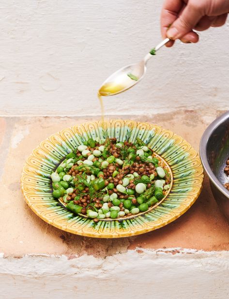 Lentils, Peas, Asparagus and Broad Beans Broad Beans Recipe, Recipes Lentils, Broad Bean Recipes, Spring Salads, Nadiya Hussain, Spring Dishes, Broad Beans, Asparagus Recipes, Red Lentil Soup