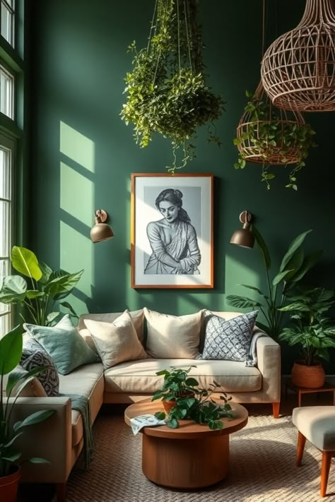 Cozy living room with green walls, plants, a light beige sofa, and a woman’s portrait on the wall. Painted Mural Living Room, Shades Of Green Interior, Mid Century Modern Wall Paint, Green Color Drenched Living Room, Green Living Room Color Scheme Ideas, Desert Color Palette Living Room, Bold Room Colors, Earthy Living Room Paint Colors, Sage Basement