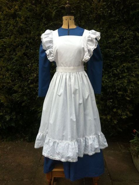 Victorian aprons | Victorian Styled Dress and Apron ideal for Stage and Victorian Markets ...: Victorian Apron, 1890s Dress, Victorian Aprons, Victorian Outfit, Victorian Maid, Dress With Apron, School Trips, Victorian Fashion Dresses, Blue Ball Gowns