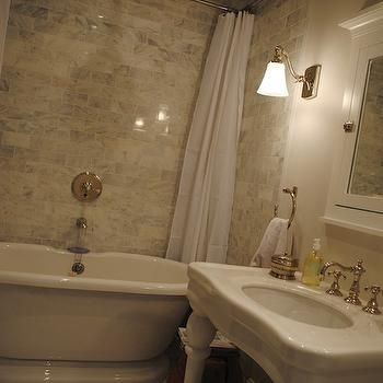 Carrera Marble Subway Tiles - Transitional - bathroom - Benjamin Moore Calm - Razamataz Bathroom Tub Shower Combo, Small Master Bath, Shower Combo, Aha Moment, Bathroom Tub Shower, Bathroom Tub, Small Bath, Tub Shower, Basement Bathroom