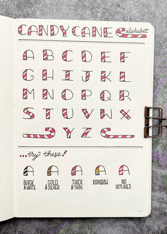 Bullet Journal Holiday Candy Cane Alphabet – Faber-Castell USA Christmas Handwriting, Bullet Journal Lettering, Christmas Fonts Alphabet, Bullet Journal Christmas, Bullet Journal Titles, Bullet Journal Work, December Bullet Journal, Fun Alphabet, Journal Lettering