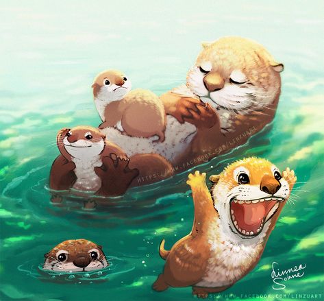 Otter's family trip by Linzu.deviantart.com on @DeviantArt River Otter Drawing, Otter Cartoon, Otter Drawing, Otter Tattoo, Otter Illustration, Otter Art, Otter Love, River Otter, Family Drawing