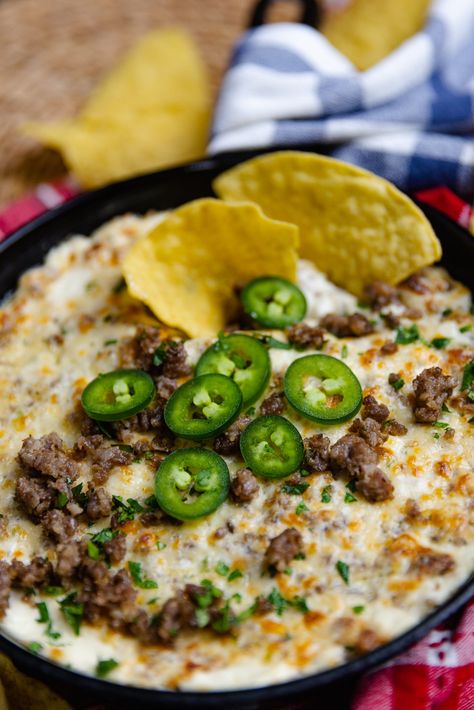 Ground Pork Dip Recipes, Sausage Jalapeno Popper Dip, Food To Make At The Beach, Sausage Jalapeno Dip, Italian Beef Appetizer, Jalapeno Popper Dip With Sausage, Crock Pot Dips For Parties Appetizers, Pulled Pork Dip Appetizers, Candied Jalapeno Recipes Appetizers