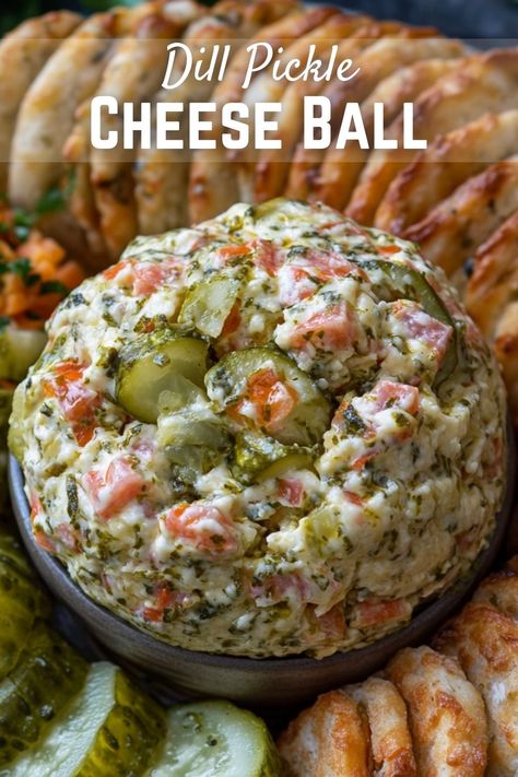 Dill Pickle Cheese Ball Dill Pickle Bacon Cheese Ball, Dill Pickle Cheese Balls, Dill Pickle Cheese Ball Recipes, Dill Pickle Cream Cheese, Pickle Birthday Party, Dill Pickle Cheese Ball, Pickle Cheese Ball, Dill Pickle Juice, Easy Dinner Desserts