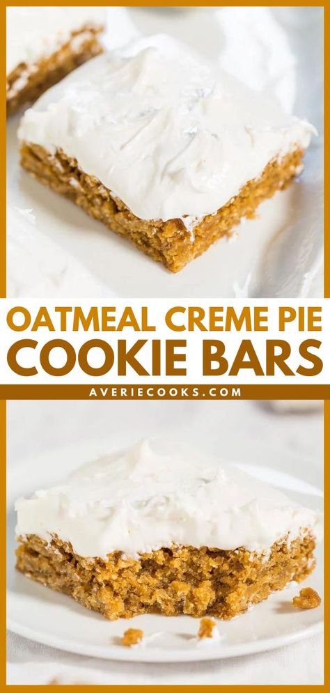 Oatmeal Creme Pie Cookie Bars (Little Debbie Copycat), easy desserts to impress, sweet treats, baking recipes Oatmeal Cream Cookies, Oatmeal Cookie Bars Recipes, Blondies Recipes, Oatmeal Creme Pies, Chewy Bars, Creme Pie, Cake Mix Cookie Bars, Oatmeal Creme Pie, Baking Bad