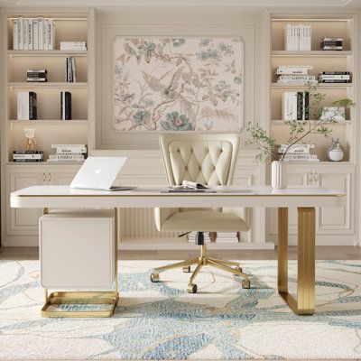 Home Office Decor White Desk, Gold Accent Office, Masters Bedroom, Womens Home Office Ideas, Office Academia, Organize Books, Gold Office, Frame Desk, Counseling Office