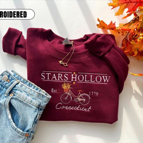 Stars Hollow Themed Embroidery Sweatshirt Stars Hollow Fall, Gilmore Girls Stars Hollow, Stars Hollow Gilmore Girls, Stars Hollow Connecticut, Sublimation Ideas Projects Inspiration, Stars Hollow, Embroidery Sweatshirt, Embroidered Crewneck, Fall Sweatshirt