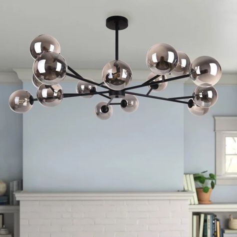 Ayaan 15 - Light Sputnik Modern Linear Chandelier Modern Linear Chandelier, Mobile Chandelier, Wheel Chandelier, Chandelier Metal, Unique Chandeliers, Bubble Chandelier, Dining And Living Room, Glass Bubble, Geometric Chandelier