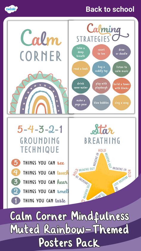 Calm Corner Mindfulness Muted Rainbow-Themed Posters Pack Emotional Regulation Activities, Meditation Kids, Calm Corner, Listen To Reading, Calm Kids, Calming Techniques, Calming Strategies, Muted Rainbow, Social Emotional Learning Activities