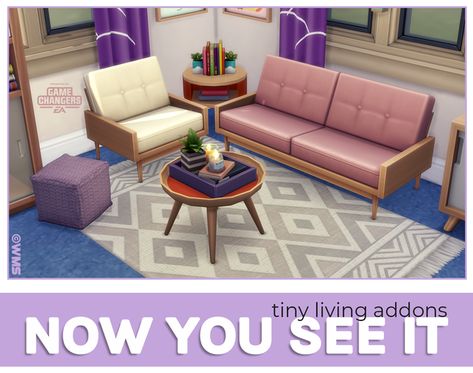 Tiny Living Addons - Now You See It Livingroom | WildlyMiniatureSandwich on Patreon Sims 4 Studio, Sims 4 House Building, Sims 4 Mm Cc, Sims 4 House Design, Casas The Sims 4, Sims House Design, Sims 4 Mm, Sims Four, Sims 4 Cc Packs