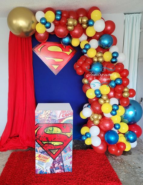 Superman Party Ideas Decoration, Super Man Birthday Party Ideas, Superman Balloon Decorations, Superman Decorations Ideas, Superman Backdrop, Superman Themed Birthday Party, Superman Birthday Party Decorations, Superman Party Ideas, Superman Party Decorations