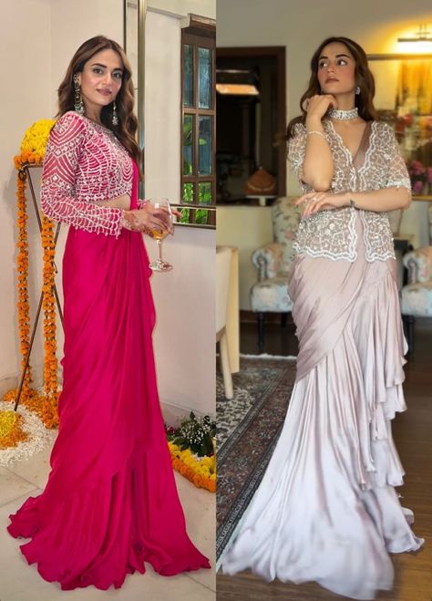 Reception Looks Indian, Reception Look For Bride Sister, Siders Wedding Outfits, Reception Dress For Bride Sister, Western Saree Look, Wedding Outfit For Brides Sister, Wedding Outfits For Women, Fashionable Saree Blouse Designs, Fancy Sarees Party Wear