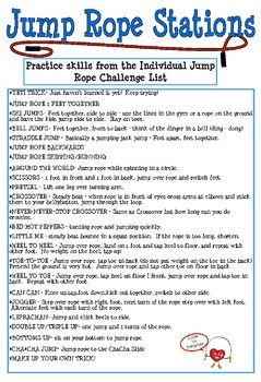 Two 13x 19 Jump Rope Challenge Posters, one lists single jump roping skills and the other list double jump rope challenges. Challenges go from simple to more complex and perfect for a variety of jump rope levels. Student tested, I use these colorful and eye catching posters with 1st through 6th g... Ariel Workout, Jump Rope Games, Jump Rope Challenge, Kids Exercise Activities, Pe Lesson Plans, Jump Roping, Elementary Physical Education, Elementary Pe, Physical Education Lessons