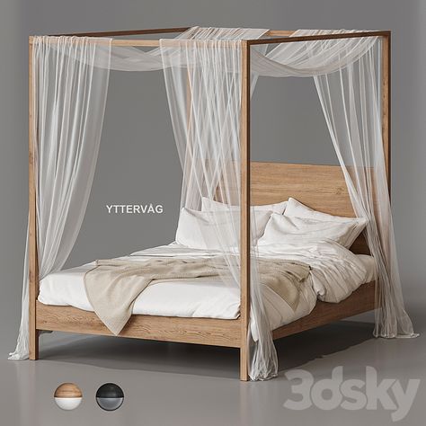 Ikea Yttervåg Four-Poster Bed - Bed - 3D model Simple Four Poster Bed, Ikea Poster Bed, Boho 4 Poster Bed, Beds With Poles Frame, Canopy Bed Frames, Four Poster Bed Drapes, Four Poster Bed Diy, Poster Bed Decor, Bed Frame With Posts