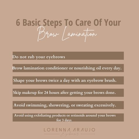 Aftercare Brow Lamination, Brow Care Beauty Tips, What Is Eyebrow Lamination, How To Do Brow Lamination, Brow Lamination After Care Instructions, Lash And Brow Lamination, Eyebrow Post For Instagram, Pmu Instagram Content, Eyebrow Lamination Aftercare