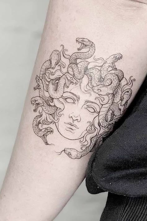 Medusa Tattoo: Modern Symbolism Behind the Ancient Myth Medusa Line Tattoo, Medusa Neck Tattoo, Perseus And Medusa Tattoo, Minimalist Medusa Tattoo, Medusa Tattoo Design For Women, Medusa Tattoo Sleeve, Medusa Tattoos, Tattoo Modern, Mythical Art