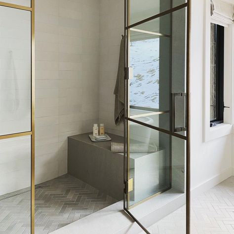 Raili Clasen on Instagram: “Custom aged-brass shower door cutie that one of these decades will be properly photographed. Our #yellowstoneclub project is 99.9% complete…” Brass Shower Doors, Brass Shower Enclosure, Gold Shower Door, Brass Shower Door, Raili Clasen, Yellowstone Club, Framed Shower Door, Loft Bathroom, Shower Glass