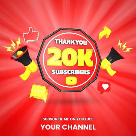 Thank you 20k youtube subscribers celebr... | Premium Psd #Freepik #psd #banner #label #social-media #marketing Youtube Subscribers, Psd Icon, 3d Render, Cartoon Wallpaper, Media Marketing, Thank You, Social Media, Marketing, Media