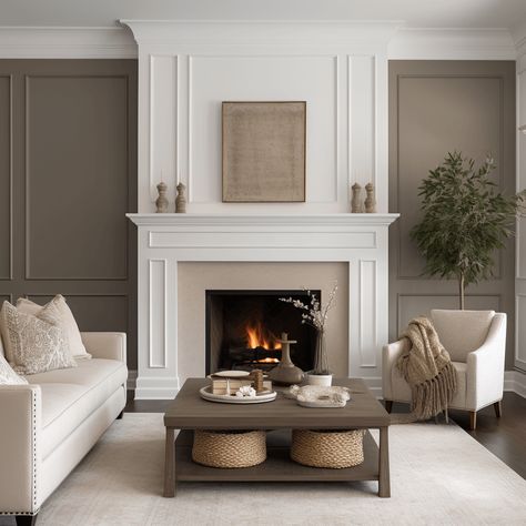 White Fireplace White Walls, Box Molding Fireplace, Fireplace And Panelling, Feature Wall With Tv And Fireplace, Wainscoting Above Fireplace, Fireplace Wainscoting Wall, Board And Batten Around Fireplace, Modern Fireplace Mantle Ideas, Wainscoting Fireplace Wall