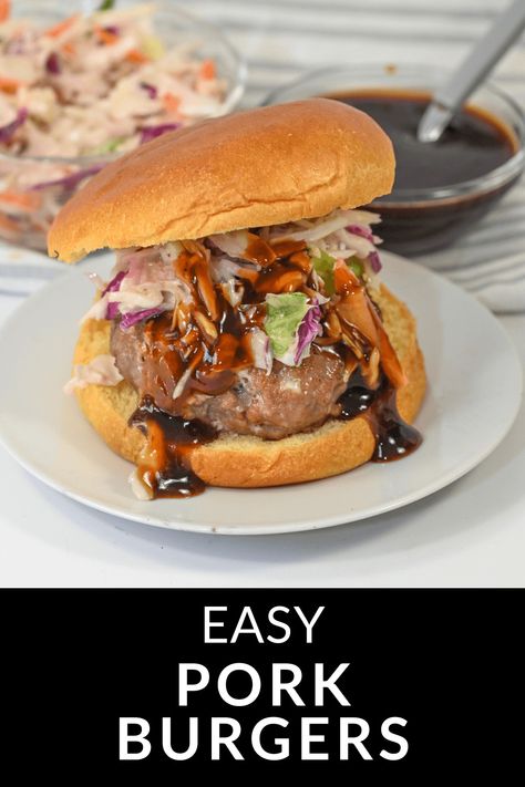 These Pork Burgers will make you forget all about the beef patty! It brings smoky, savory goodness and a flavorful tang. They are made with ground pork infused with the rich flavors of barbecue sauce and spices. This burger is a juicy, flavorful alternative to the classic version. Ground Pork Sandwich Recipes, Pork Burgers Recipes Ground, Crunchy Cole Slaw, Pork Burgers Recipes, Pork Sandwich Recipes, Sausage Burgers, Burgers Recipes, Pan Seared Pork Chops, Burger Maker