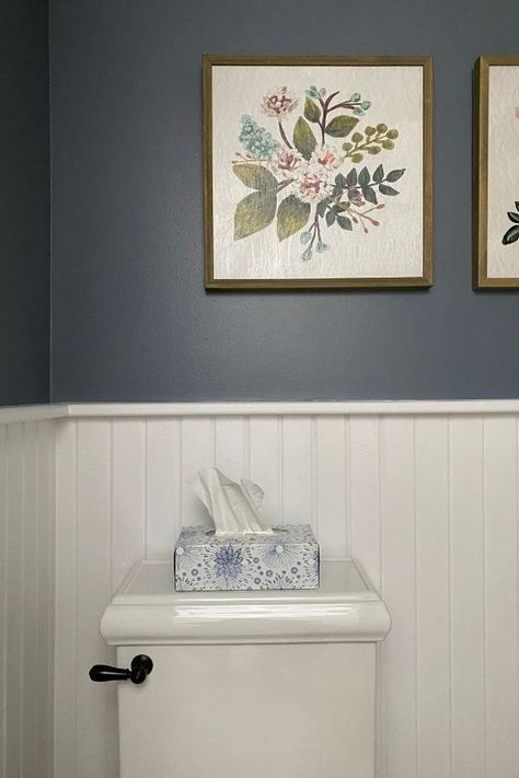 White Wall Paneling Bathroom, Wainscoting Ideas For Bathroom, Small Bathrooms With Wainscoting, Small Powder Room With Wainscoting, Powder Room With Wainscoting And Wallpaper, Powder Room With Beadboard Walls, Power Room Wainscoting, Classy Guest Bathroom, Bathroom With Wainscotting Paint Colors