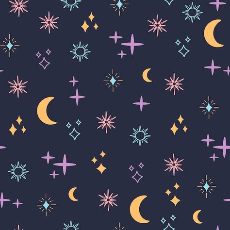 Celestial space seamless pattern, colore... | Premium Vector #Freepik #vector #astrology #galaxy-pattern #sun-moon #constellation Space Embroidery Pattern Simple, Stars Seamless Pattern, Painted Trainers, Moon Pattern Design, Astrology Pattern, Horoscope Elements, Witchy Pattern, Moon Constellation, Celestial Vintage