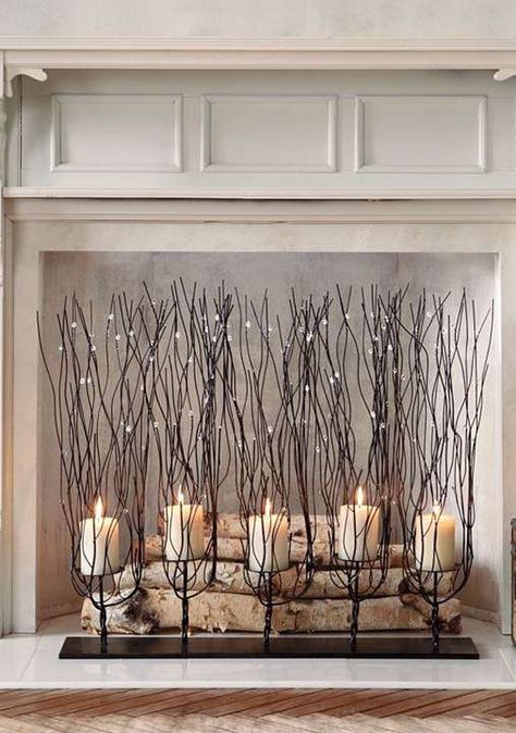 20 Romantic Fireplace Candle Ideas | Home Design And Interior Fake Fireplace, Fall Fireplace, Candles In Fireplace, Deco Nature, Deco Originale, Faux Fireplace, Candle Displays, Fireplace Makeover, Fireplace Mantle