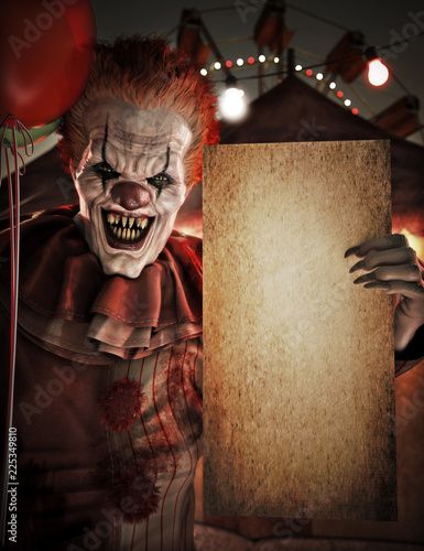 Stock Image: Scary clown holding a blank empty grunge mock up poster card sign invitation for Halloween or party advertisement with room for text or copy space .Circus theme in background. 3d rendering Scary Halloween Backgrounds, Circus Party Invitations, Scary Circus, Clown Images, Mock Up Poster, Halloween Circus, Dark Circus, Up Poster, Scary Clown