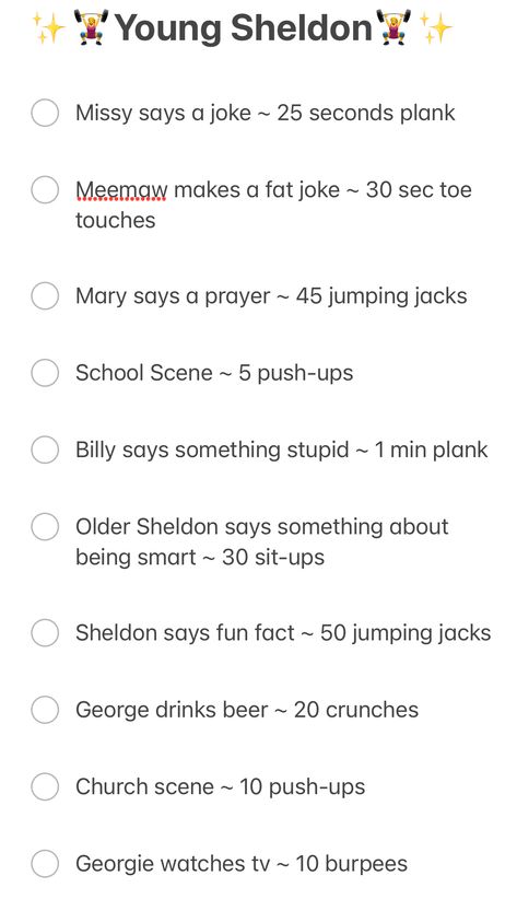 Young Sheldon Workout Young Sheldon Workout Challenge, Kc Undercover Workout, Shameless Workout, Bluey Workout, Young Sheldon Workout, Good Workouts For Teens, Jessie Workout, Tv Workout Challenge, Show Workouts