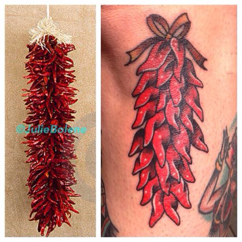 Chile ristra New Mexico red chile chile tattoo Chile Ristra Tattoo, Ristra Tattoo, New Mexico Tattoo Ideas, New Mexico Red Chile, New Mexico Tattoo, Chile Ristra, Thunderbird Tattoo, Moving On Tattoos, Mexico Tattoo