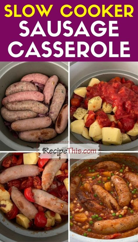 Slow Cooker Sausage & Bean Casserole Potato And Sausage Recipes Slow Cooker, Slow Cooked Sausage Casserole, Bean Slow Cooker Recipes, Slow Cooker Sausage And Potato Casserole, Sausage Slow Cooker Recipes, Sausage Casserole Slow Cooker, Slow Cooker Sausage Recipes, Sausage And Bean Casserole, Sausage Slow Cooker