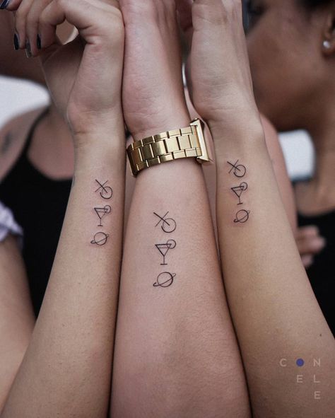 Friendship tattoos for Char Marviny and Marian that symbolises girl talk party and travel. Never felt bored having them in the studio with gossips n stories  Thanks girls.  #tattoo #tattooartist #friendship #symbols #bff #finelinetattoo #linework #smalltattoo #minimalism #minimalist #design #designer #customdesign #customtattoo #conlll  #simplicity #blackwork #blxckink #minitattoo #inked #ink #cutetattoo #tttism #equilattera #darkartists #blacktattooart #tattooidea #malaysiatattoo #tattrx #black Unique Friendship Tattoos, Matching Tattoo Designs, Friendship Tattoo, Numeral Tattoo, Melbourne Tattoo, Couple Tattoos Unique, Friend Anniversary, Girls Tattoo, Bff Tattoos