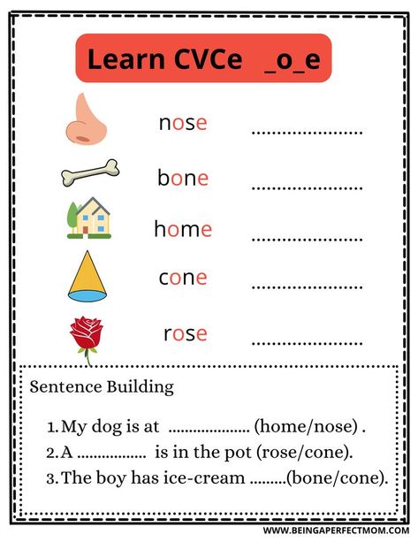 Learn CVCe (_o_e) words with examples of words and sentences with pictures. This is a reference for your homeschool resource. Sentence Building, O Words, Magic E, E Words, Word Sentences, Phonics Reading, Homeschool Resources, Phonics, Preschool