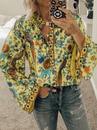 Look Hippie Chic, Long Sleeve Loose Blouse, Beach Blouse, Flower Print Blouse, Mode Hippie, Chic Blouses, Loose Outfit, Loose Shirts, Loose Blouse