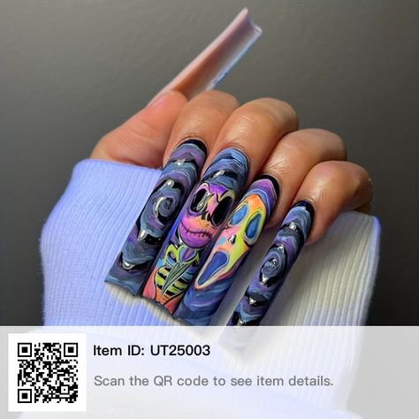 Weird Nail Art, Christmas Nail Set, Baddie Nail Designs, Nightmare Before Christmas Nails, Birthday Nail Designs, Birthday Nail, Halloween Nails Easy, Nail Art Halloween, Halloween Acrylic