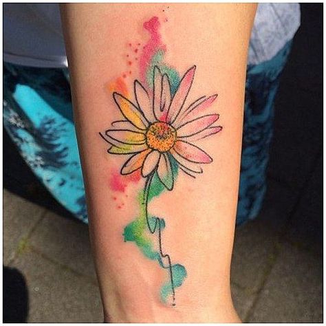 Watercolor Daisy Tattoo, Gerbera Daisy Tattoo, Daisy Tattoo Meaning, Daisy Tattoo Designs, Daisy Flower Tattoos, Watercolor Daisy, Watercolor Tattoo Flower, Daisy Tattoo, Sunflower Tattoos