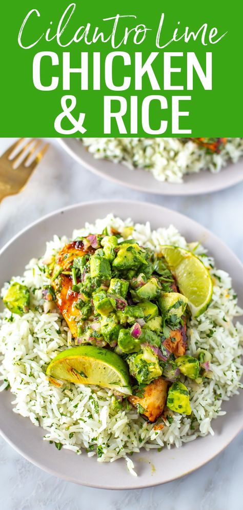 Cilantro Lime Chicken and Rice {Best Marinade} Chili Lime Chicken And Rice Meal Prep, Chicken Recipes With Cilantro Lime Rice, Cilantro Lime Rice Recipe Dinners, Cilantro Lime Chicken Dinner Ideas, Cilantro Rice And Chicken, Healthy Lime Chicken Recipes, Cilantro Lime Rice Dinner Ideas, Chicken Rice And Avocado, Cilantro Lime Chicken Dinner