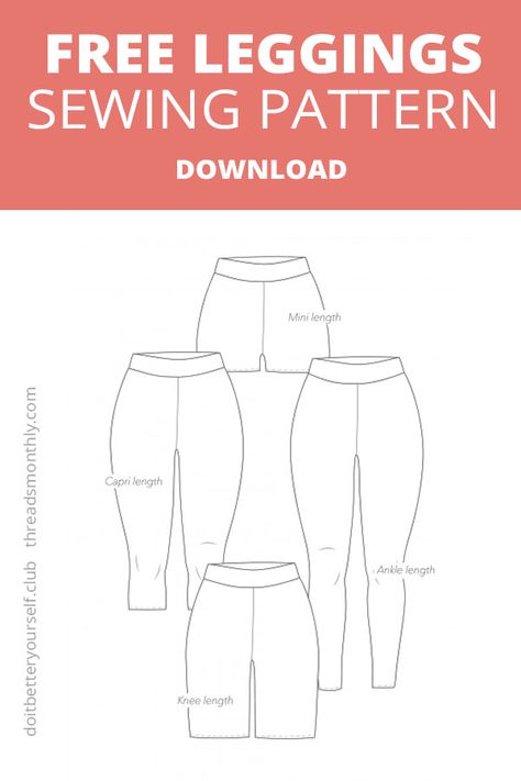 A FREE leggings sewing pattern. These pants come in plus size too (size: 00-36). You can choose from 2 waistband options and 4 lengths. Great for advanced beginners who want to start sewing stretchy knit fabrics. This is a great serger project too. Download the printable pdf pattern. #freesewingpatterns #pantssewingpatterns #sewingpatternswomen #sergerprojects Design by DIBY 'Do It Better Yourself Club'. Activewear Pattern, Free Printable Sewing Patterns, Sewing Patterns For Women, Sewing Patterns Free Women, Free Pdf Sewing Patterns, Plus Size Sewing Patterns, Plus Size Sewing, Pants Sewing, Printable Sewing Patterns