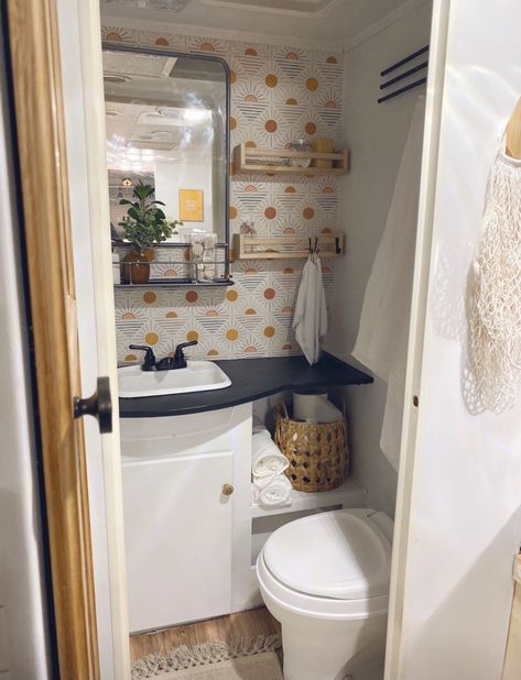 Rv Bathroom Wallpaper, Interior Design Camper, Urban Outfitters Wallpaper, Camper Bathroom Remodel, Bathroom Modern Design, Small Bathroom Design Ideas, Camper Bathroom, Shower Remodel Diy, Rv Interior Remodel