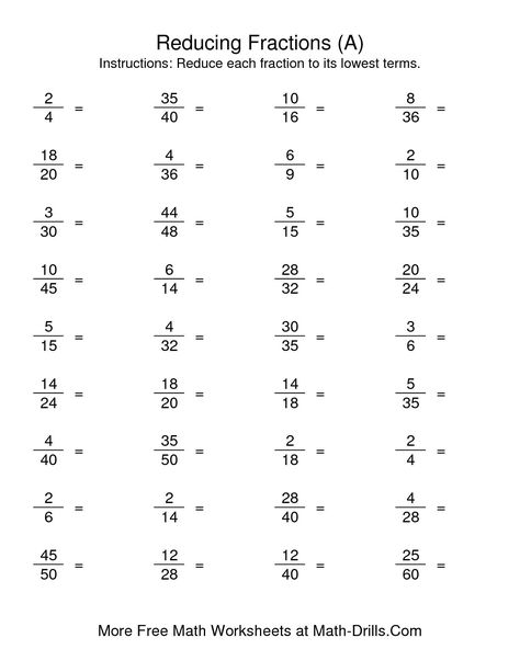 The Reducing Fractions to Lowest Terms (A) math worksheet from the Fractions Worksheet page at Math-Drills.com. Free Fraction Worksheets, Reducing Fractions, Math Fractions Worksheets, 3rd Grade Fractions, Simplifying Fractions, Adding Fractions, Math Drills, Free Printable Math Worksheets, 4th Grade Math Worksheets