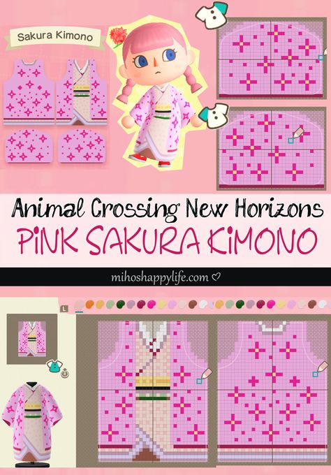 Animal Crossing New Horizons Nintendo Switch どうぶつの森 | Kawaii Sakura Kimono | For more designs please visit *mihoshappylife.com* Animal Crossing Kimono Pattern, Animal Crossing Kimono, Nintendo Switch Animal Crossing, Motif Acnl, Jungle Pattern, Ac New Leaf, Animal Crossing Qr Codes Clothes, Qr Codes Animal Crossing, New Animal Crossing