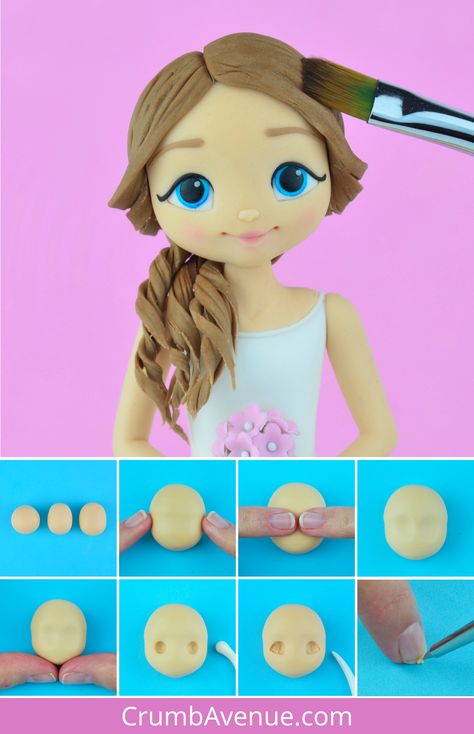 Fondant Figures Tutorial People, Anime Face Tutorial, Fondant People Tutorial, Face Tutorial Drawing, Fondant Face Tutorial, Fondant Hair, Fondant Girl, Fondant People, Face Tutorial