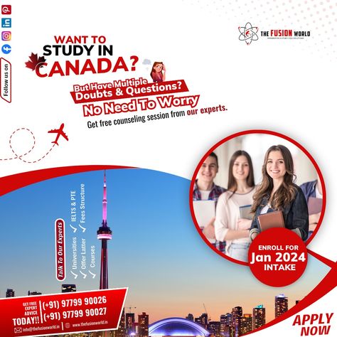 Want to study in Canada?, But have multiple doubts and questions? No need to worry Get free counseling session from our experts. We will answer your each and every doubt. Talk To Our Experts! ⚜️Universities ⚜️Courses ⚜️IELTS & PTE ⚜️Fees Structure ⚜️Offer Latter Don't miss out on this incredible opportunity to study in Canada with Fusion World Visa Consultancy. Apply Now! #studyincanada #canadahighereducation #dreambig #discoveryourpath #studyabroad #studyabroad #canadastudy #studygram #canad Canada Study Visa, Counseling Session, Canada Study, Study In Canada, University Courses, To Study, Study Abroad, Higher Education, Digital Marketing Agency