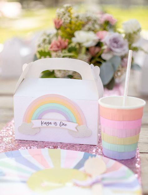 Kara's Party Ideas Pastel Rainbow Birthday Party | Kara's Party Ideas Pastel Rainbow Birthday Party, Cloud Table, Pastel Rainbow Birthday, Care Bear Party, Rainbow First Birthday, Rainbow Arch, Pastel Birthday, Rainbow Printable