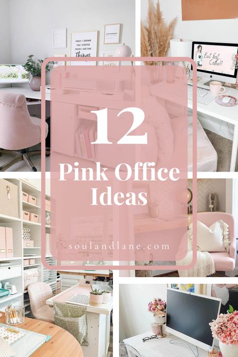 Accessorize with rose gold desk organizers, picture frames, and lamp bases for a cohesive, sophisticated look. A plush, pink velvet office chair adds comfort and luxury, encouraging hours of inspired work. Complete the ambiance with potted plants in decorative pink pots and artwork that complements the pink theme, creating a workspace you’ll have a crush on and where ideas flow freely. Home Office Above Desk Decor, Rose Gold Office Furniture, Small Feminine Home Office, Fancy Craft Room, Feminine Office Desk, Light Pink Office Ideas, Pink Home Office Decor, Glam Office Ideas Small Spaces, Female Ceo Office