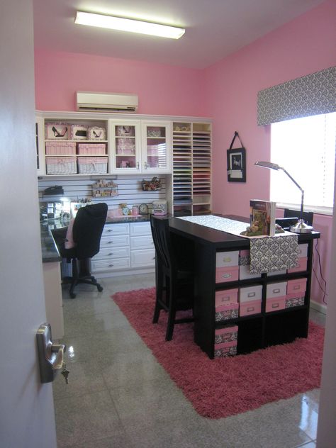 My Pink Retreat - Scrapbook.com - This room is so inspiring, neat and organized. #scrapbooking #craftrooms Dream Craft Room, Craft Room Design, Woman Cave, Scrapbook Room, Office Crafts, Hobby Room, Craft Room Storage, Rooms Reveal, Craft Room Office