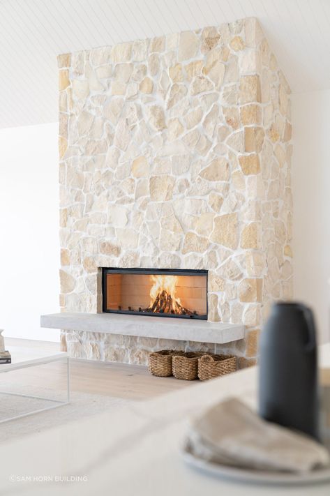 Stone Feature Wall, House Arch Design, Log Burner, Beach House Design, Wood Fireplace, Home Fireplace, Modern Architecture House, Dream House Interior, Living Room With Fireplace