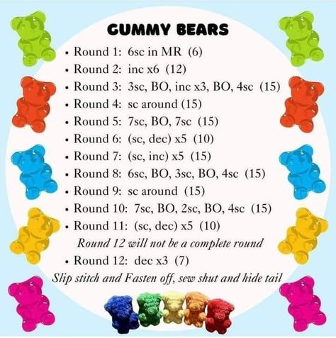 free crochet patterns tutorials | Facebook Gummy Bear Free Crochet Pattern, How To Crochet A Gummy Bear, Free Crochet Patterns Stuffed Animals, Crochet Gummy Bear Pattern Free, Gummy Bear Crochet Pattern, Written Crochet Patterns Free, Crochet Food Free Patterns, Crochet Market Ideas, Crochet Gummy Bear